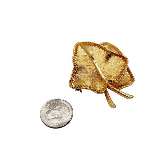 Vintage B.S.K. Gold Plated Leaf Brooch, Textured Double Leaf Design, 2 Inches - Picture 6 of 7